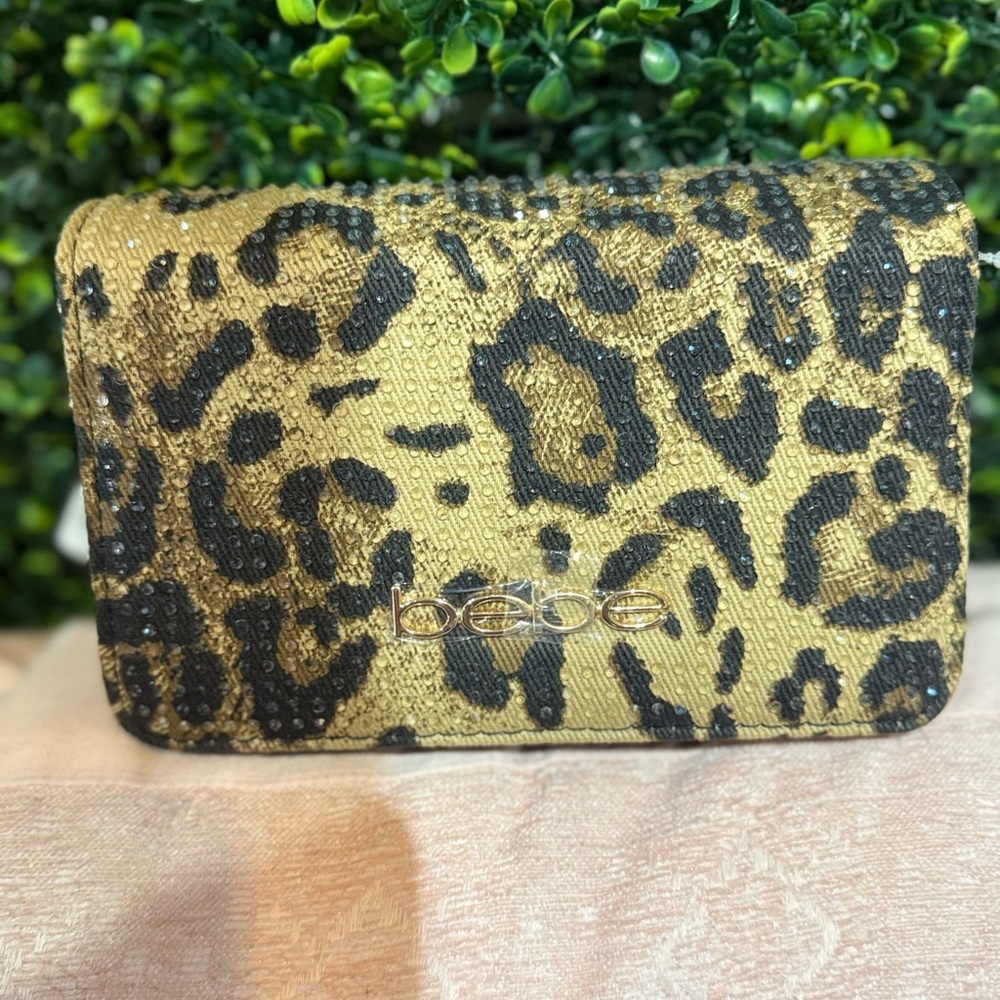 Bebe Gold and Black Leopard Clutch